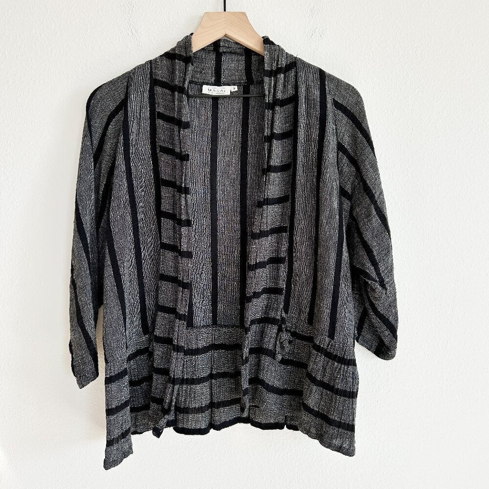 Masai Cardigan Gray Black Stripe Crop Open Front Linen Blend Lagenlook